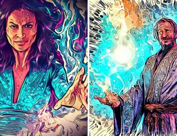 AI art of two wizards, in comic-book-style form