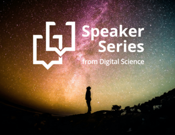 Silhouette of a person looking up at an iridescent starry sky with a galaxy streaming across it and the Speaker Series logo of two conversational speech bubbles superimposed on top