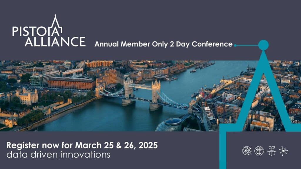 Graphic with the Pistoia Alliance logo, and details of the 2025 London conference. The conference is 25-26 March 2025, and the theme is 'data driven innovations'